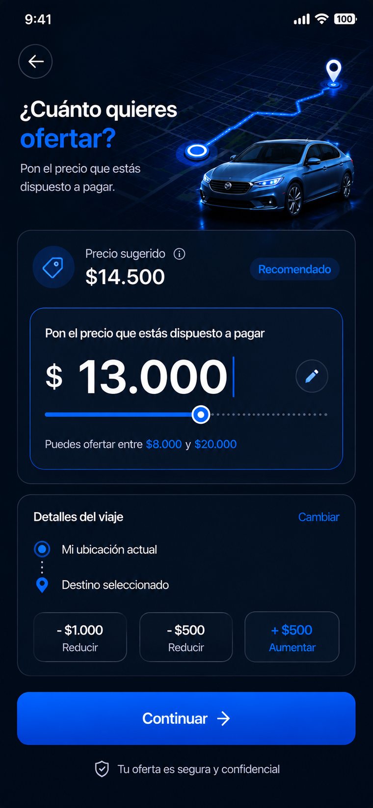 Pantalla para ofertar el precio del viaje
